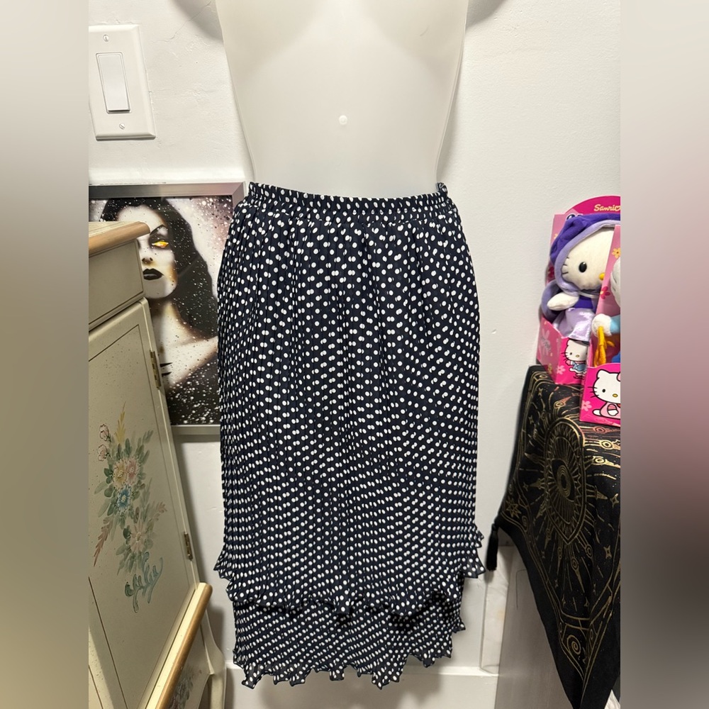 Gina Bacconi Navy and White Polka Dot Midi Skirt vintage Y2K